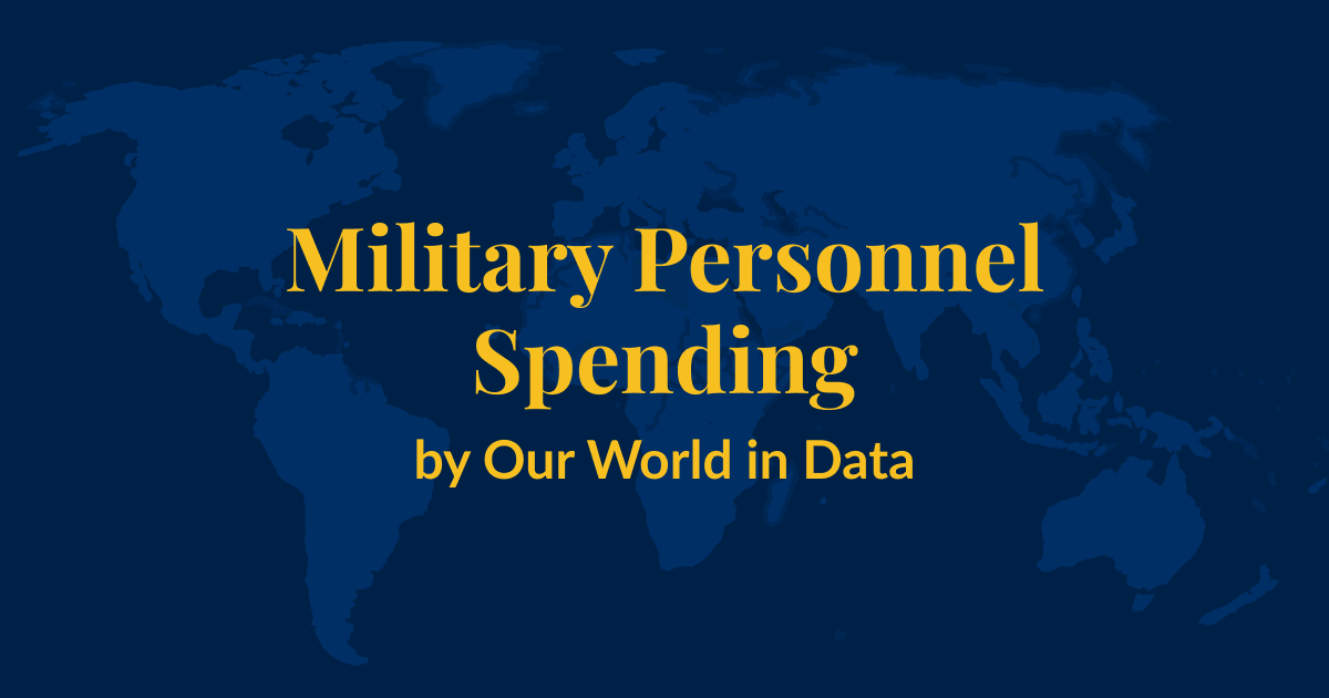 A dark blue background with a lighter blue world map superimposed over it. Yellow text that says Military Personnel Spending by Our World in Data